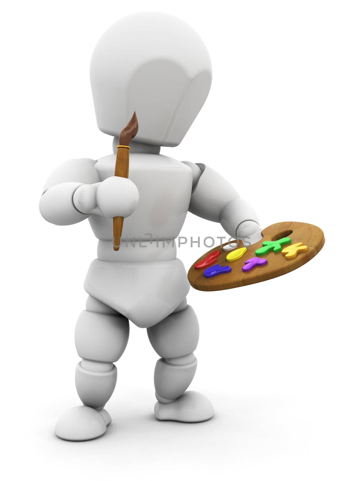 3D render of someone with an artists palette and a paintbrush