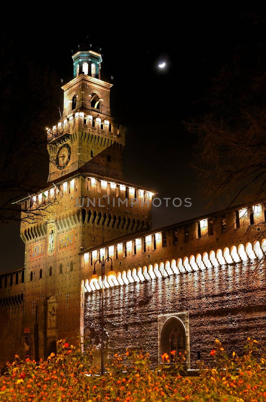 mediaeval castle at night - Castello Sforzesco Milan Italy by Laborer