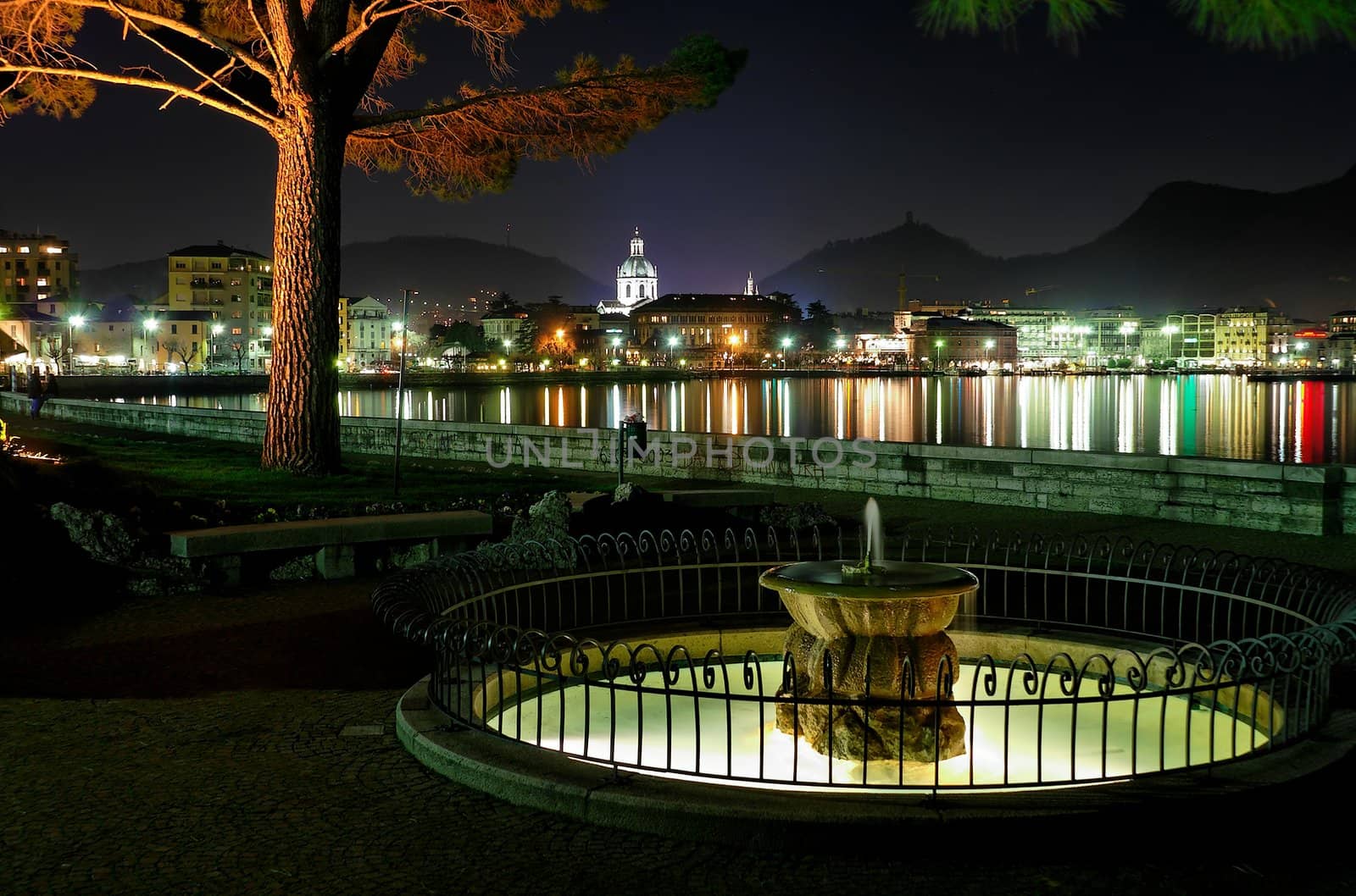 Lakeside city at nigh with illuminated fountain in foreground
