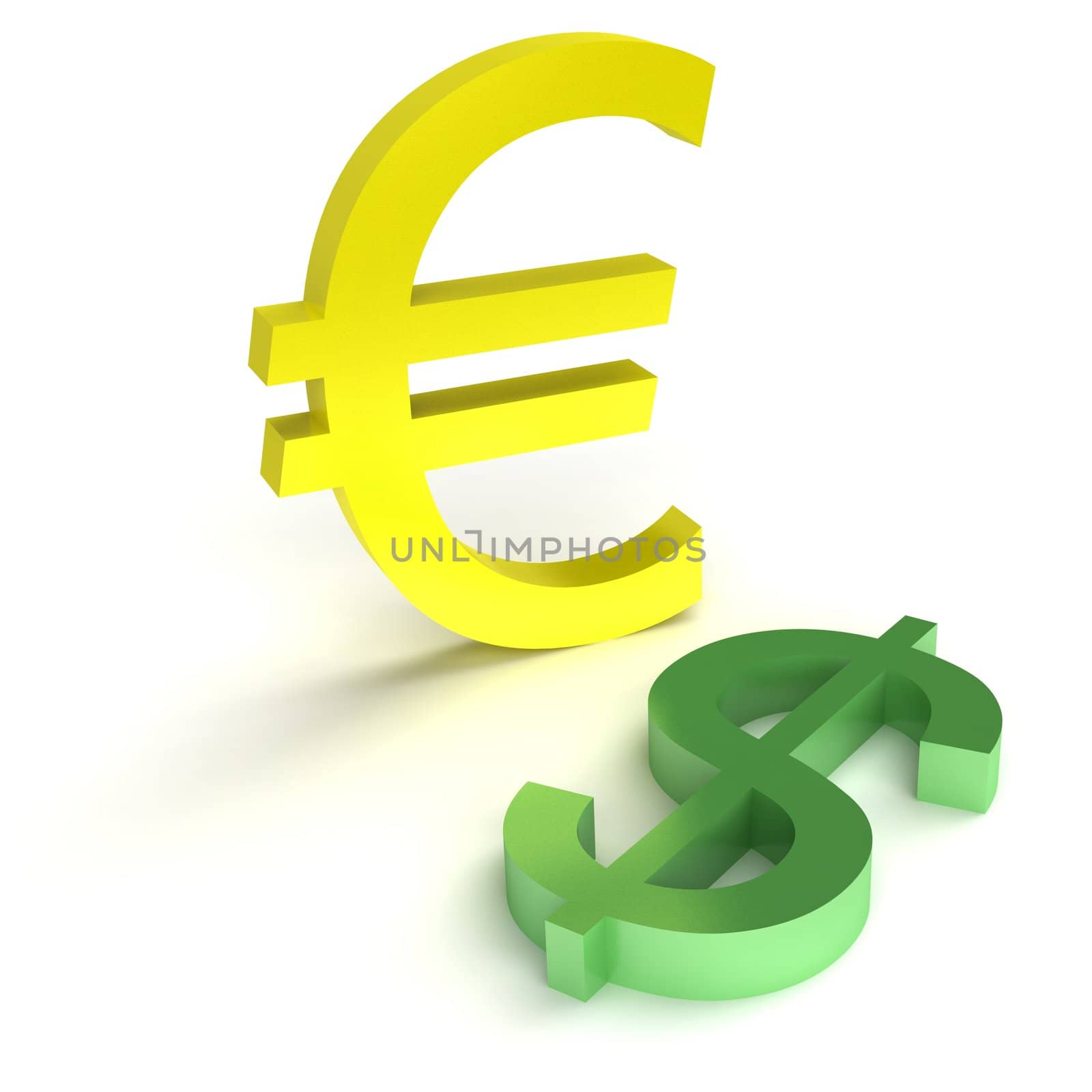 Green dollar and yellow euro on a white background