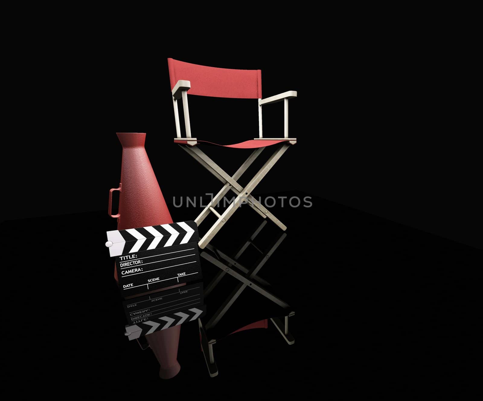 3D render of movie items on black background