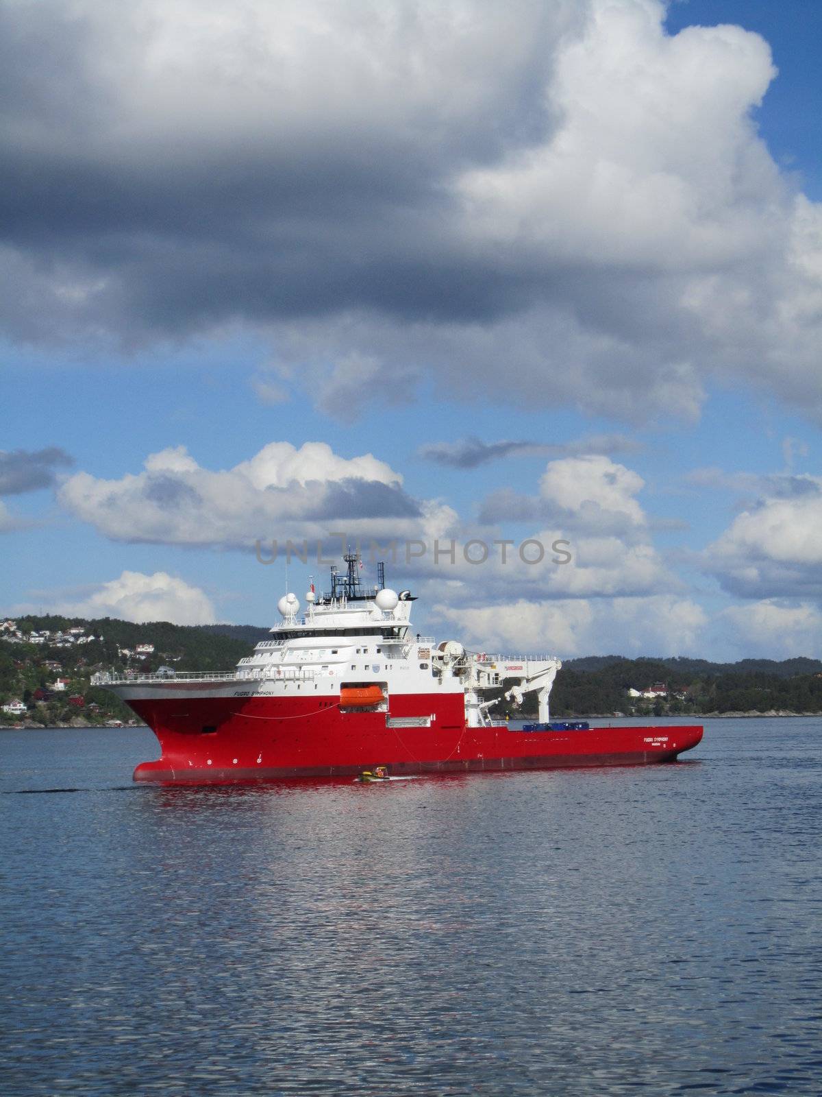 Offshore Vessel during testing and calibrating in Norwegian fjord