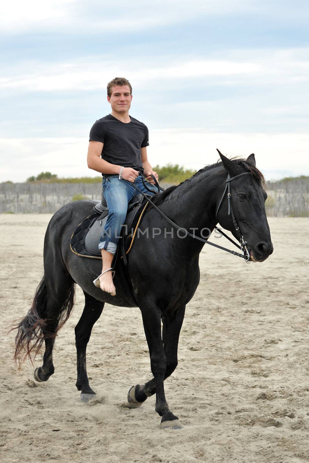 young man and his black stallion on the beach