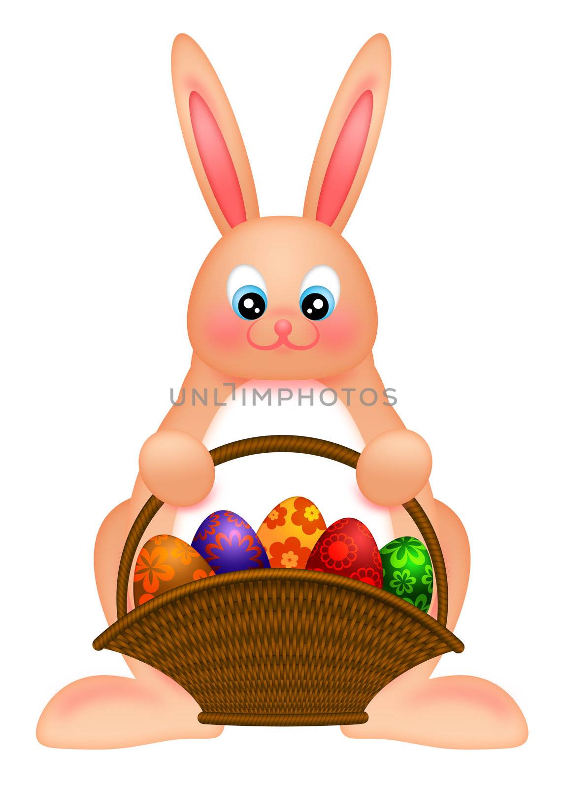 Happy Easter Bunny Rabbit Holding a Basket of Colorful Eggs Illustration Isolated on White Background