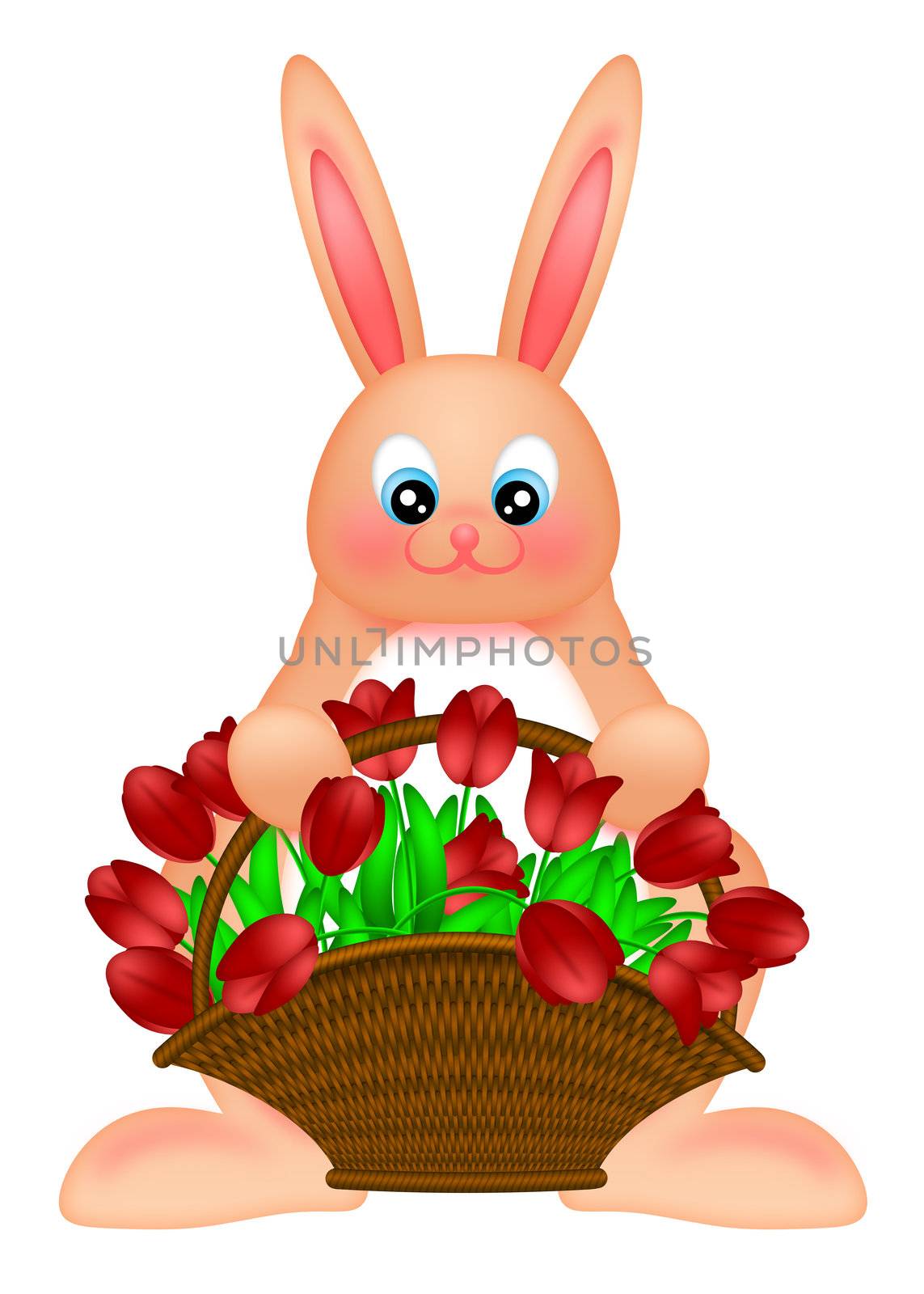 Happy Easter Bunny Rabbit Holding a Basket of Red Tulips Flowers Illustration Isolated on White Background