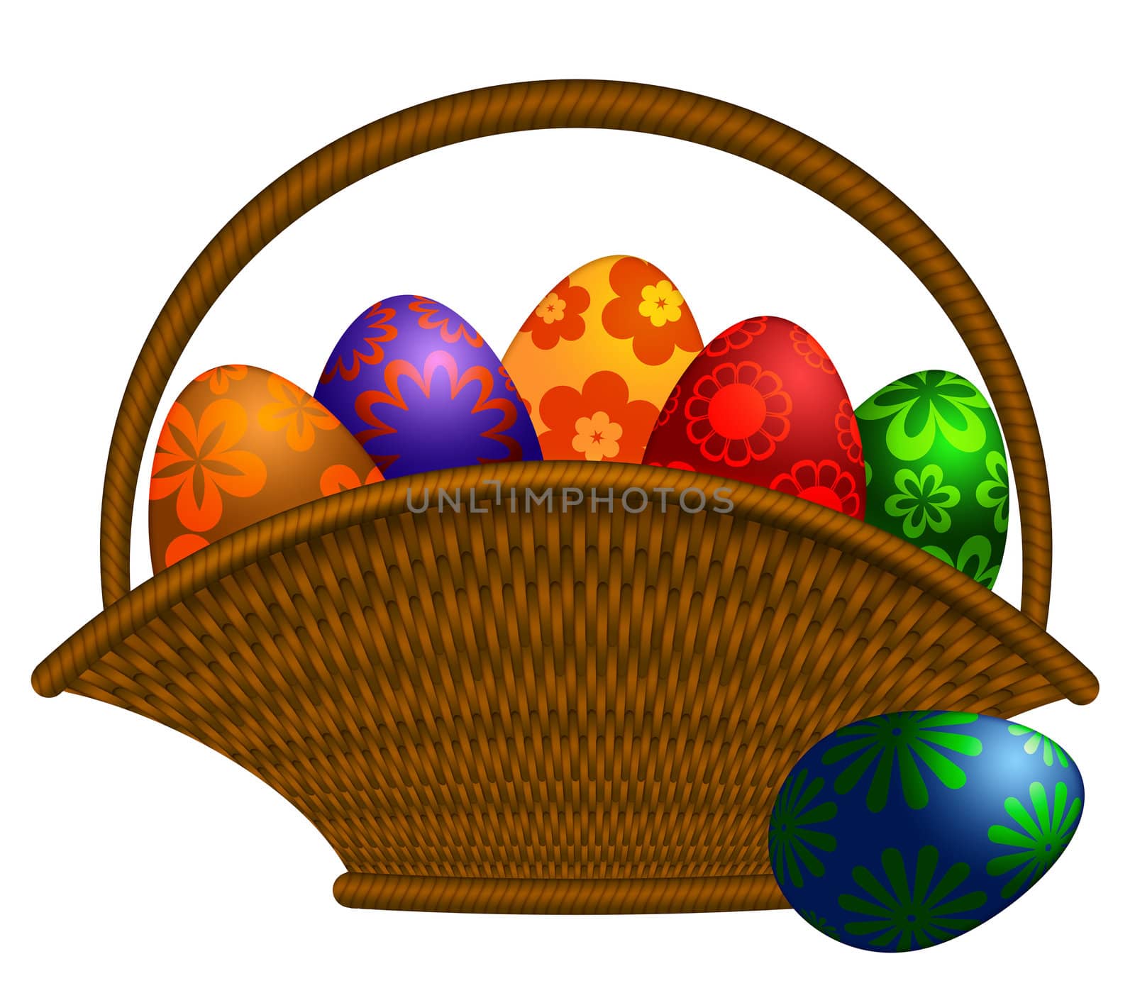 Weaved Basket of Happy Easter Day Colorful Floral Eggs Illustration Isolated on White Background