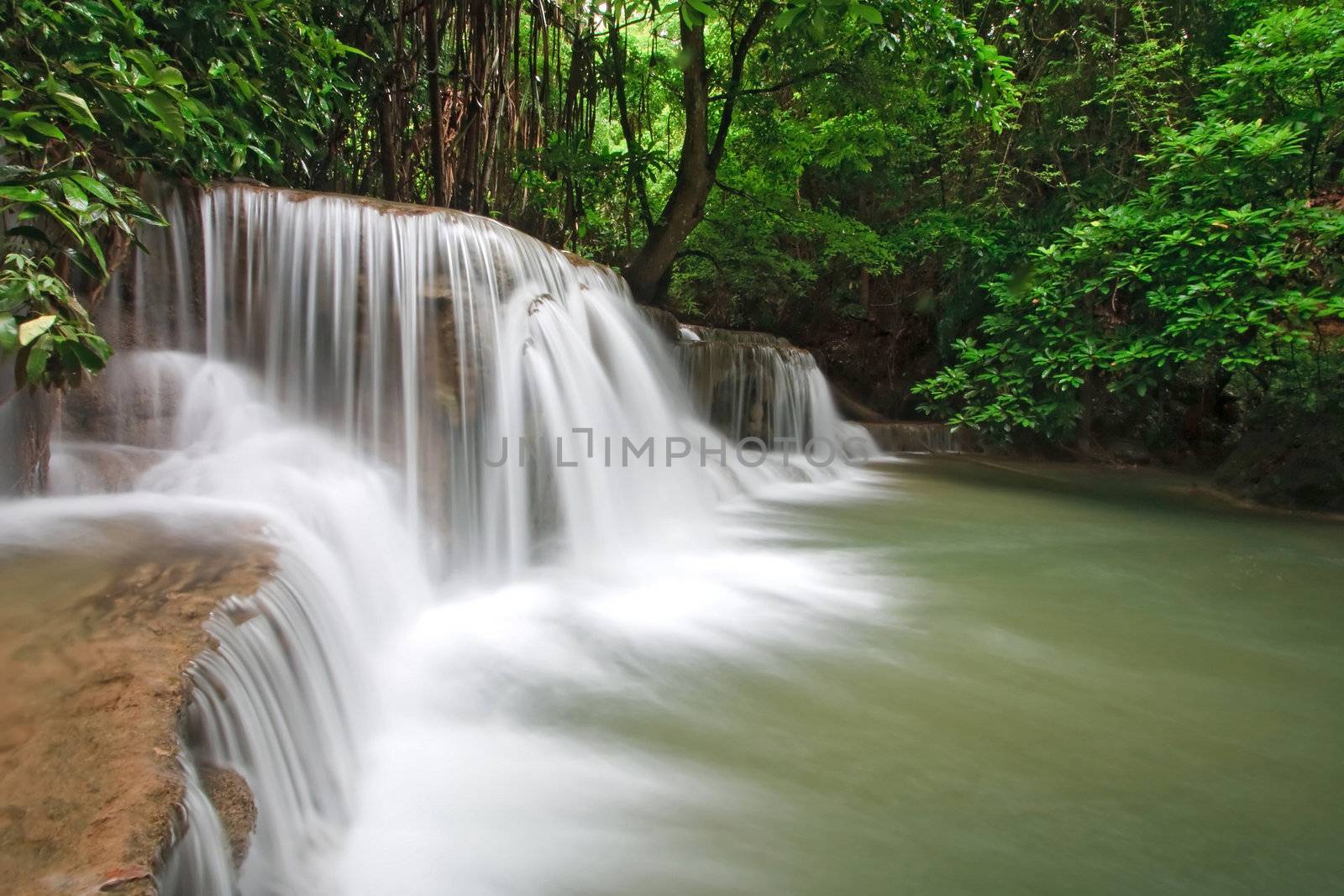 Huay Mae Khamin Waterfall Third Level, Paradise waterfall in Tropical rain forest of Thailand