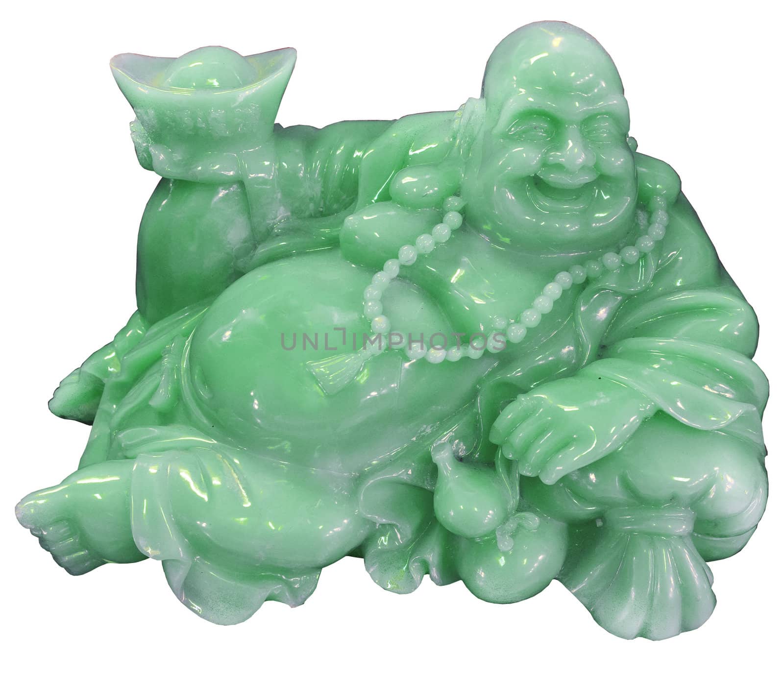 Green jade carved as a Buddha. Can be worshiped at home