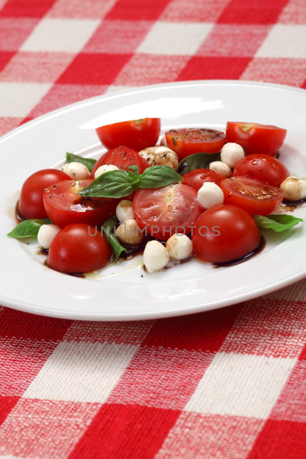 Caprese salad on table cloth by sumners