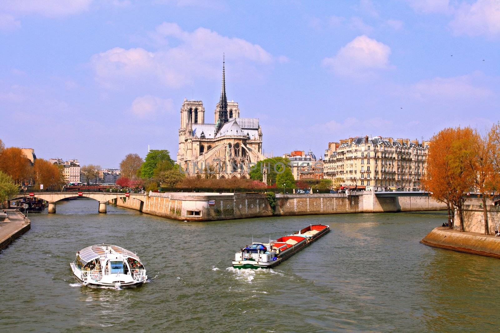 Passenger cruise at Cathedral Notre Dame, river Seine Paris France