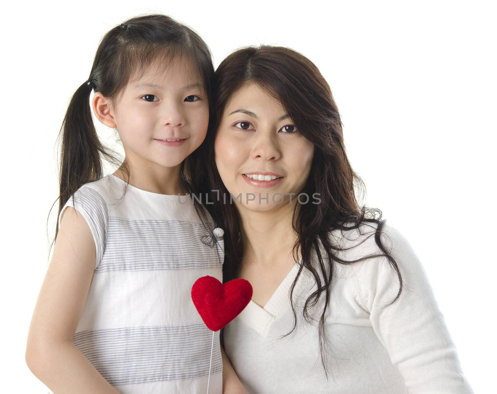 Photo of Asian mother and daughter on white background