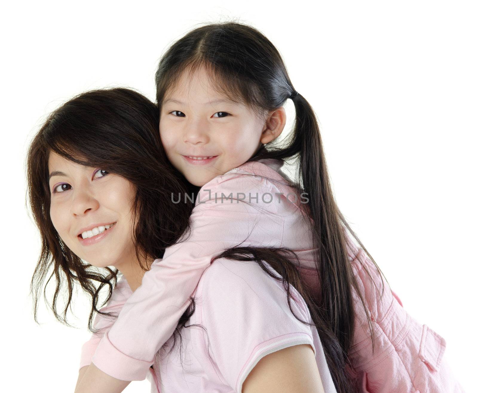 Asian mother piggyback her daughter, on white background