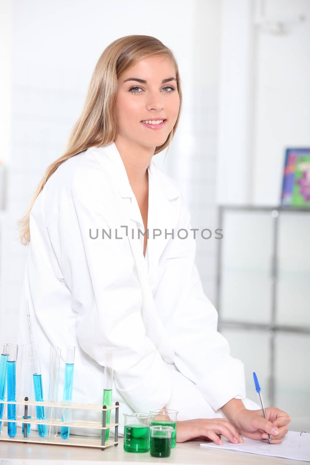 Blond female in laboratory by phovoir