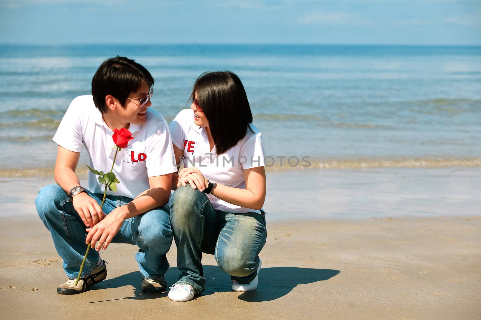 romantic couples, each other seeing eyes on the beach