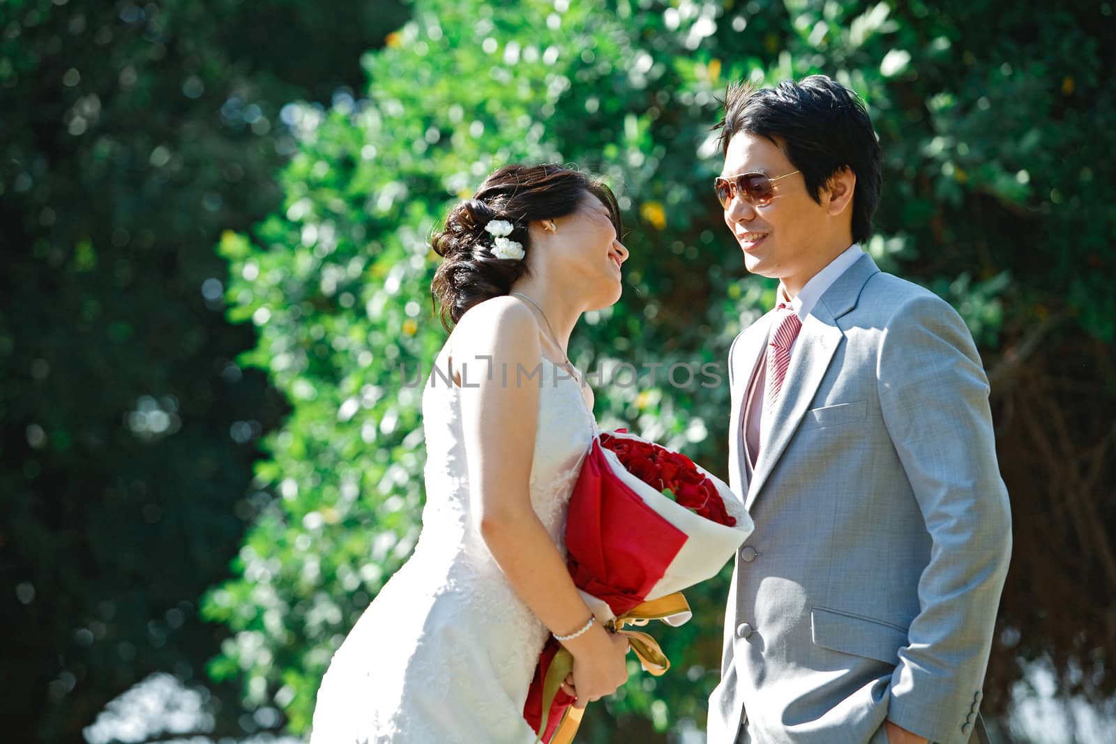 portrait of romantic bride and groom,each other seeing eyes