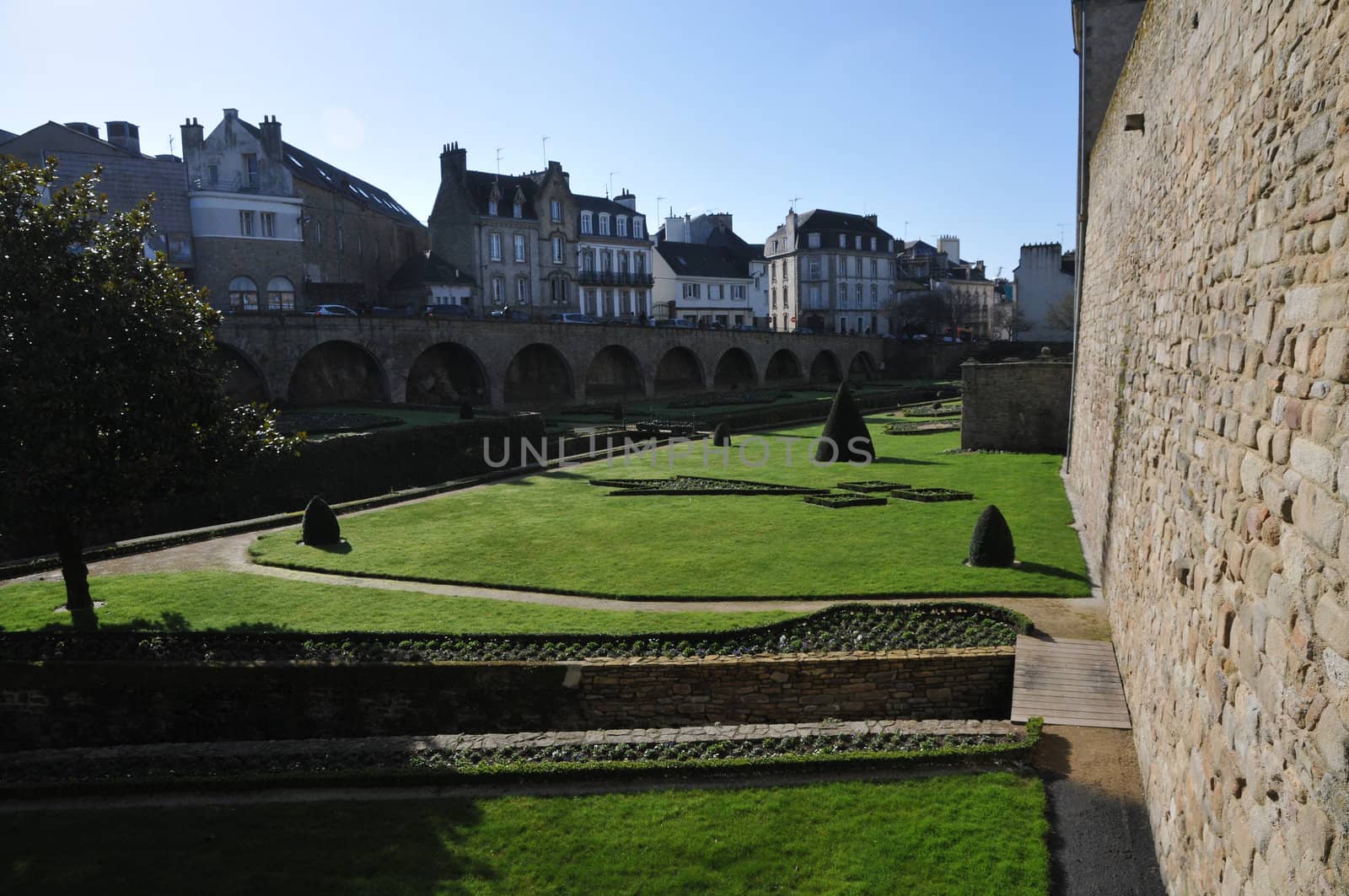 Lawns and Garden along the Walls of Vannes City with a blue sky
