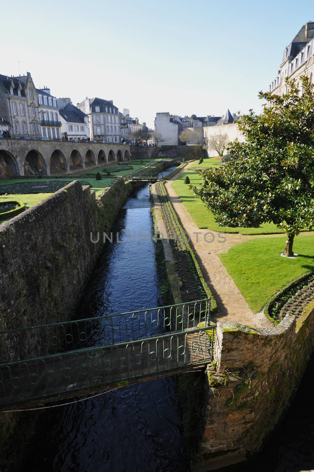 Little River in the Garden along the Walls of Vannes City with a blue sky