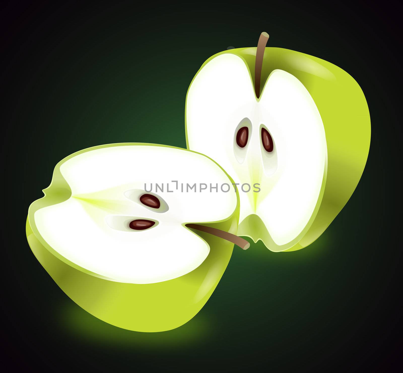 Illustration of two apple halves arranged over dark green background.