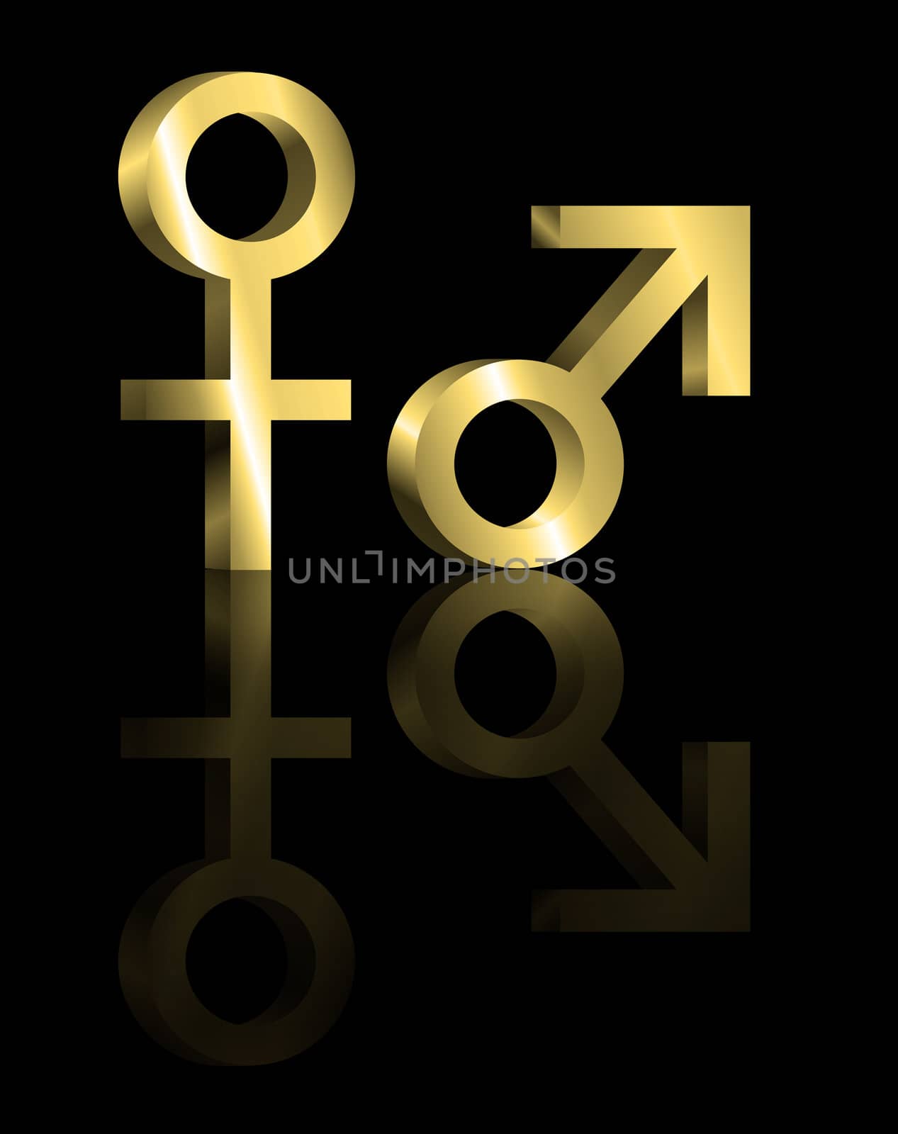 Illustration depicting gold male and female symbols arranged over black and reflecting into the foreground.