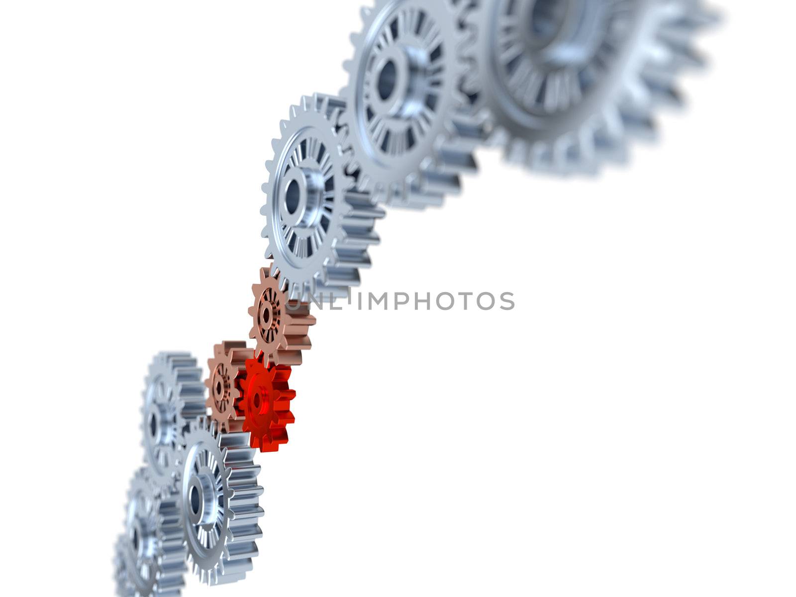 Some Silver Gears blurred with one Red on a White Background
