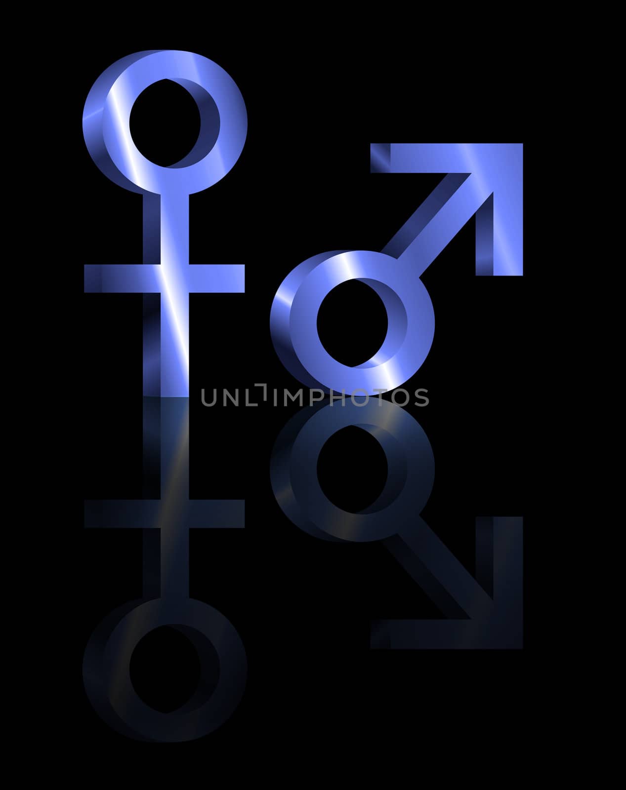 Illustration depicting metallic blue male and female symbols arranged over black and reflecting into the foreground.