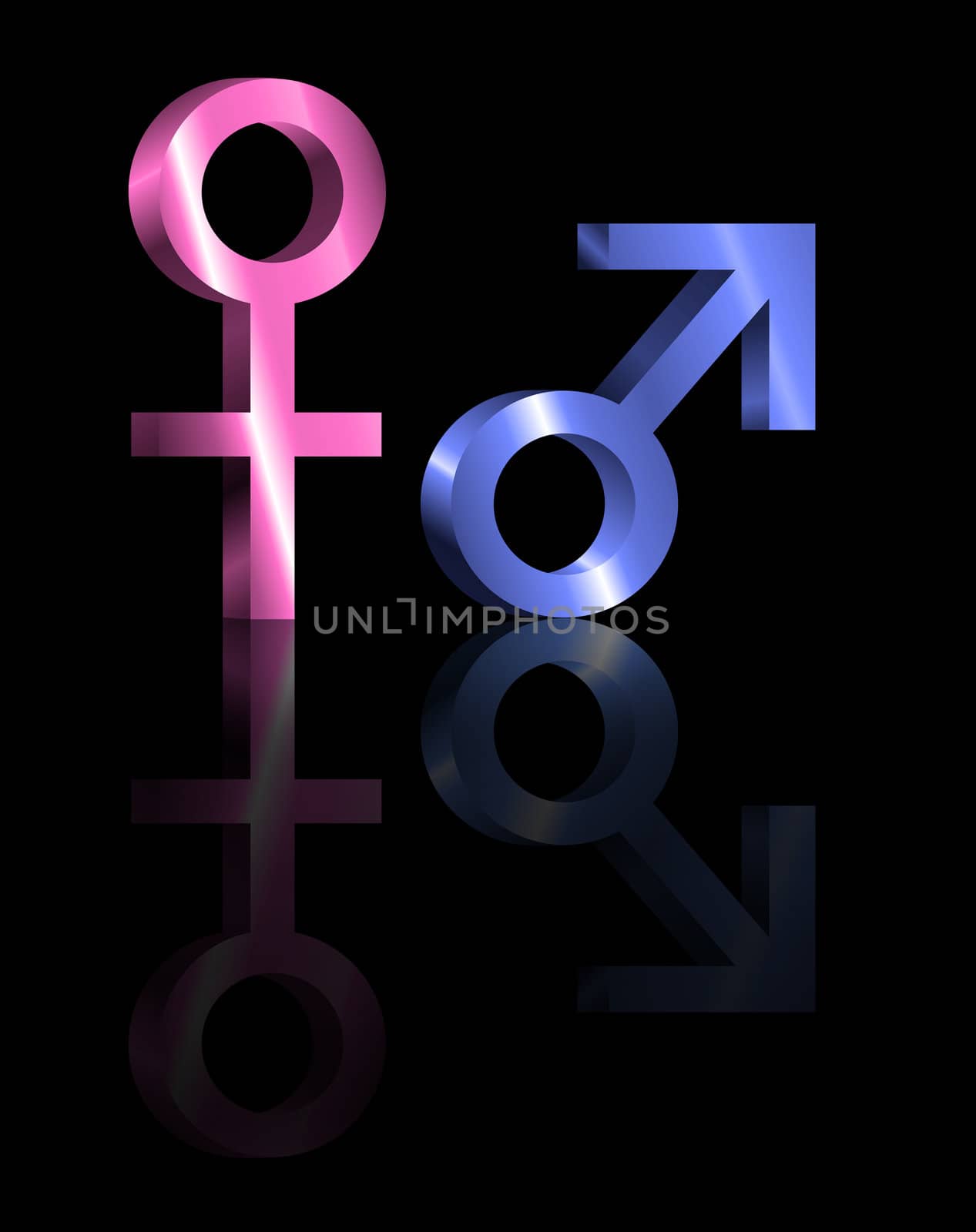 Illustration depicting metallic blue and pink male and female symbols arranged over black and reflecting into the foreground.