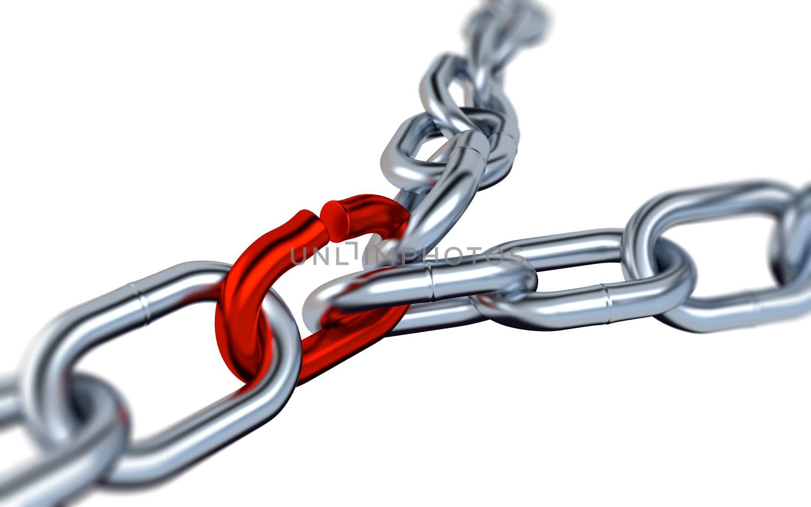 Two Blurred Metallic Chains with One Red Link on a White Background