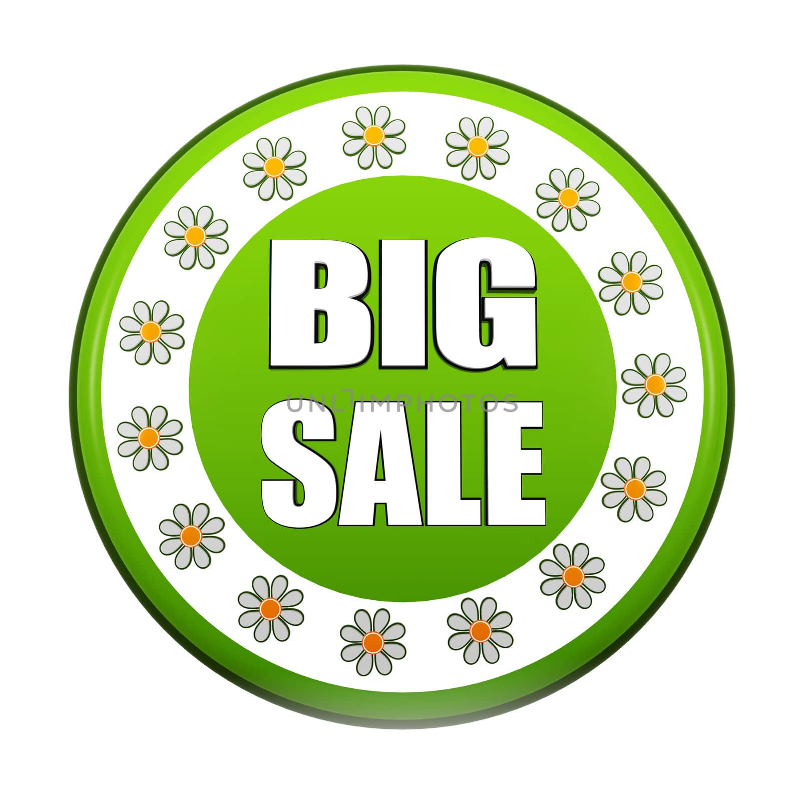 spring big sale banner - 3d green circle label with white text and flowers, business concept