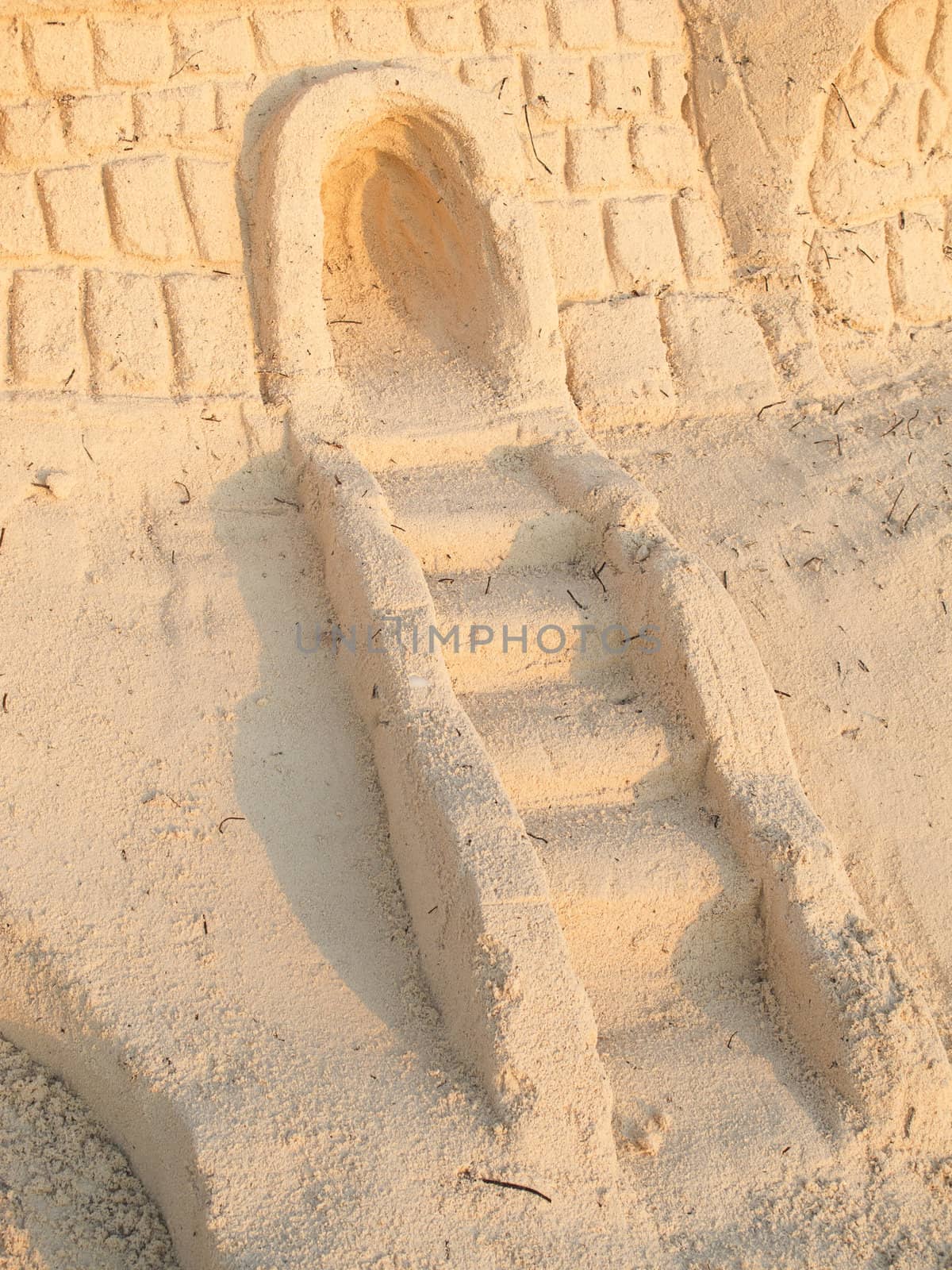 Close up of the staircase entrance of a sand castle