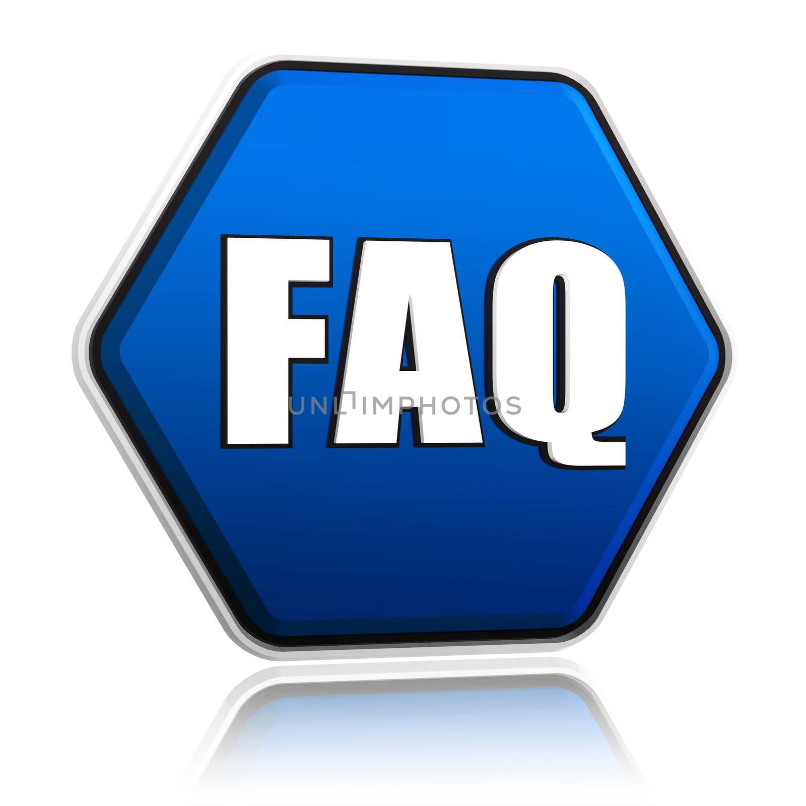 faq button - 3d blue hexagon banner with white text, business concept