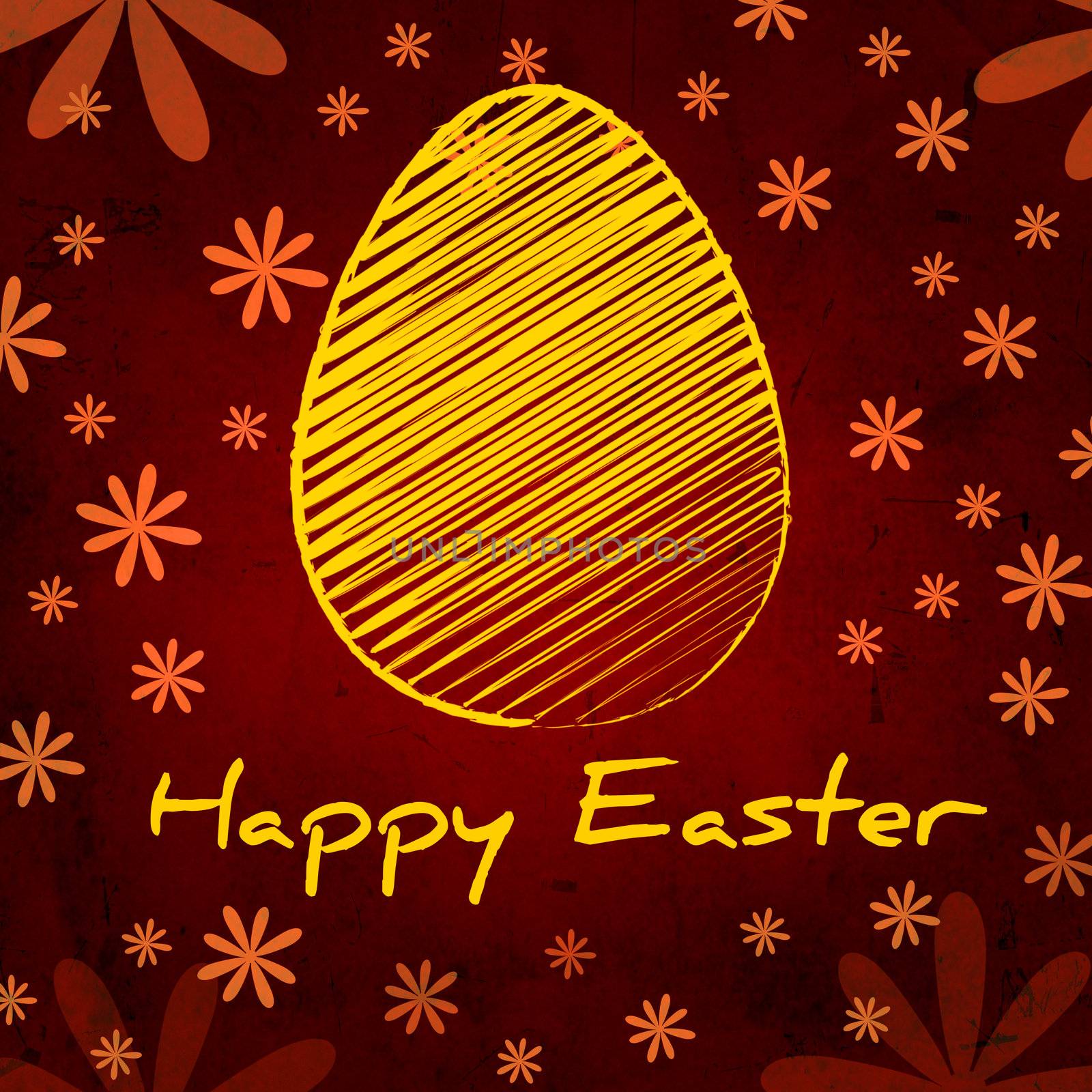 Happy Easter text and striped yellow egg, vintage background over brown old paper with daisy flowers