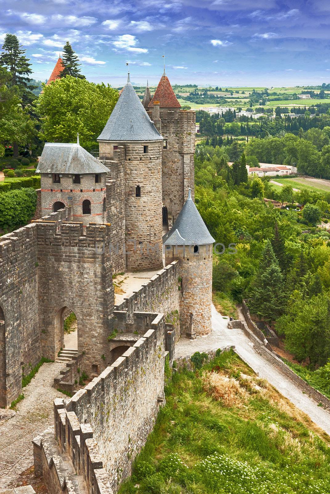 View of fortress Carcassonne (France, Languedoc), river Aude and Old bridge 