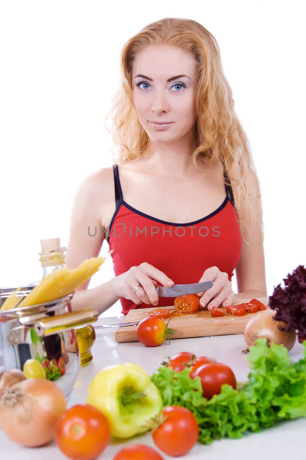 Woman with pasta ingredients cooking by Angel_a