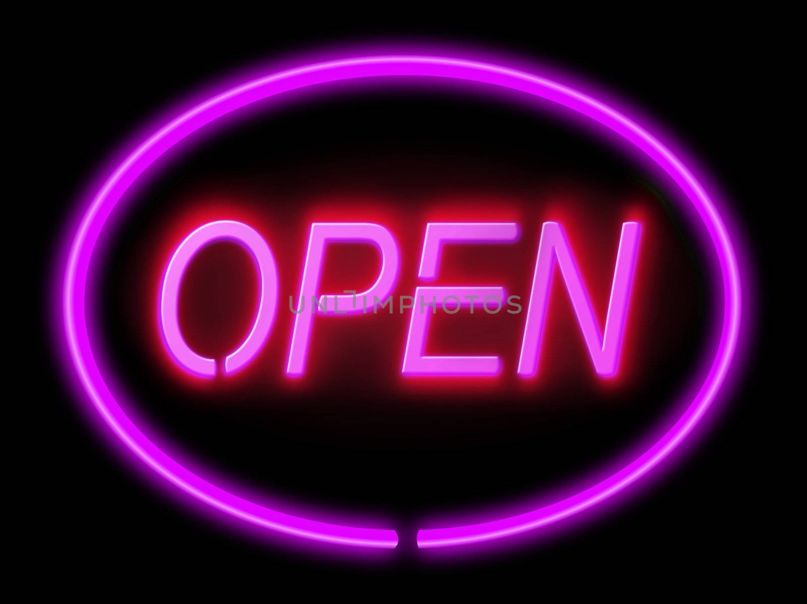 Illustration depicting an illuminated violet 'open' sign with black background,
