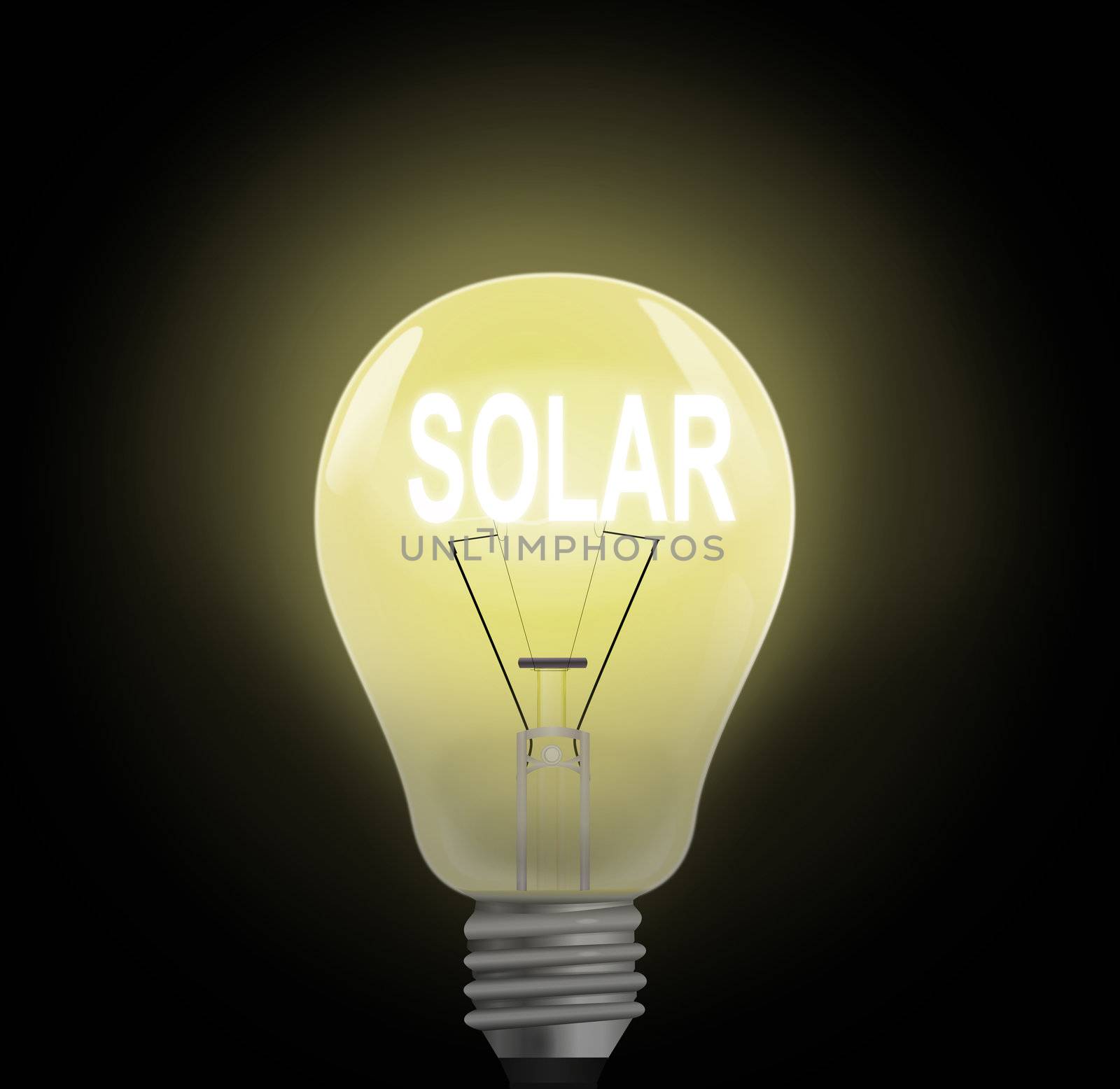 Illustration depicting a single illuminated light bulb with fillament spelling the word 'solar'. Dark background.
