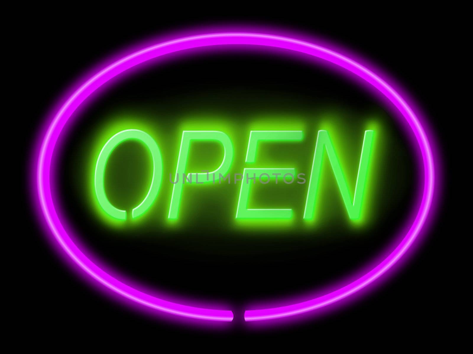 Illustration depicting an illuminated green and violet 'open' sign with black background,
