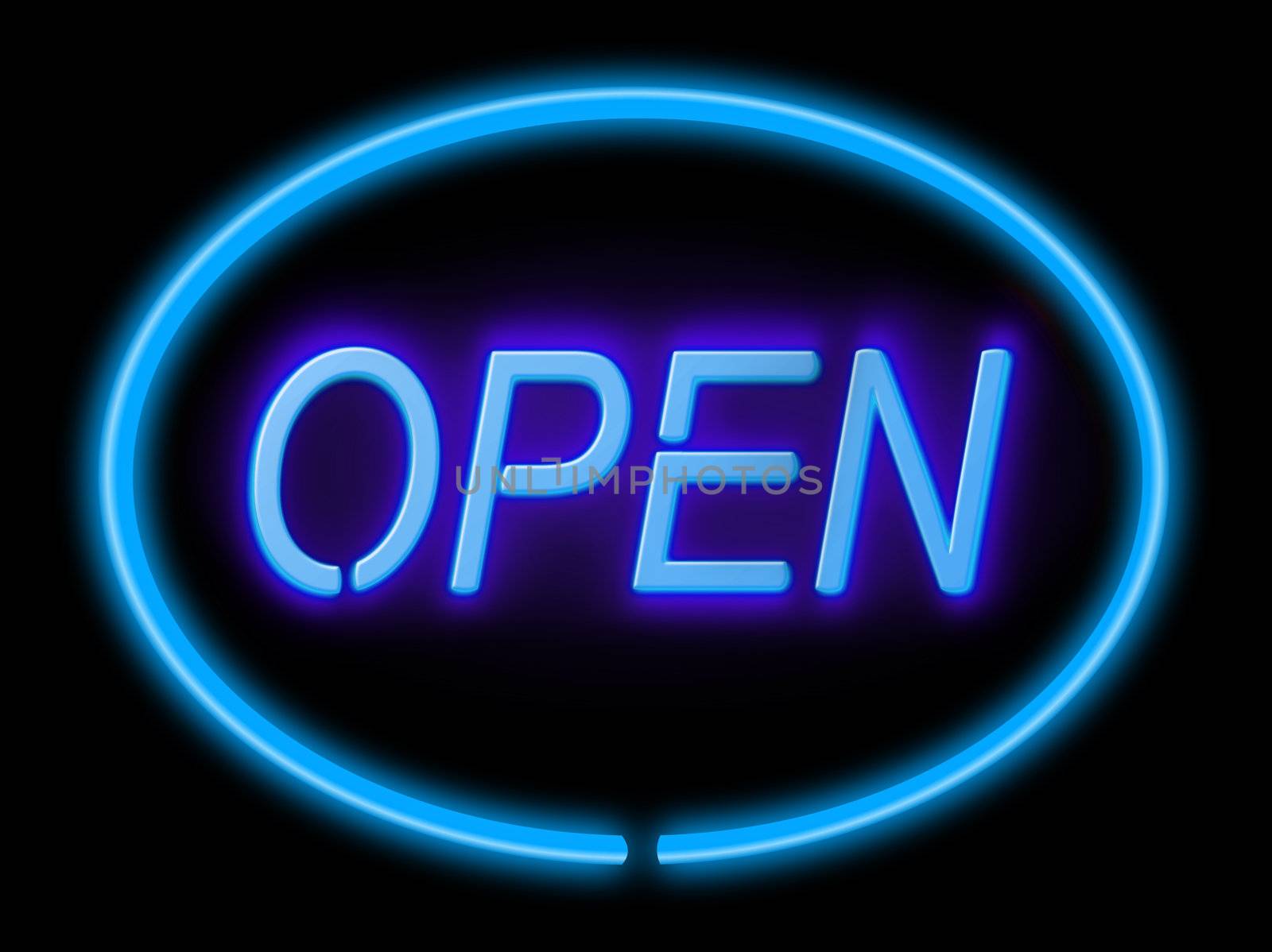 Illustration depicting an illuminated blue 'open' sign with black background,