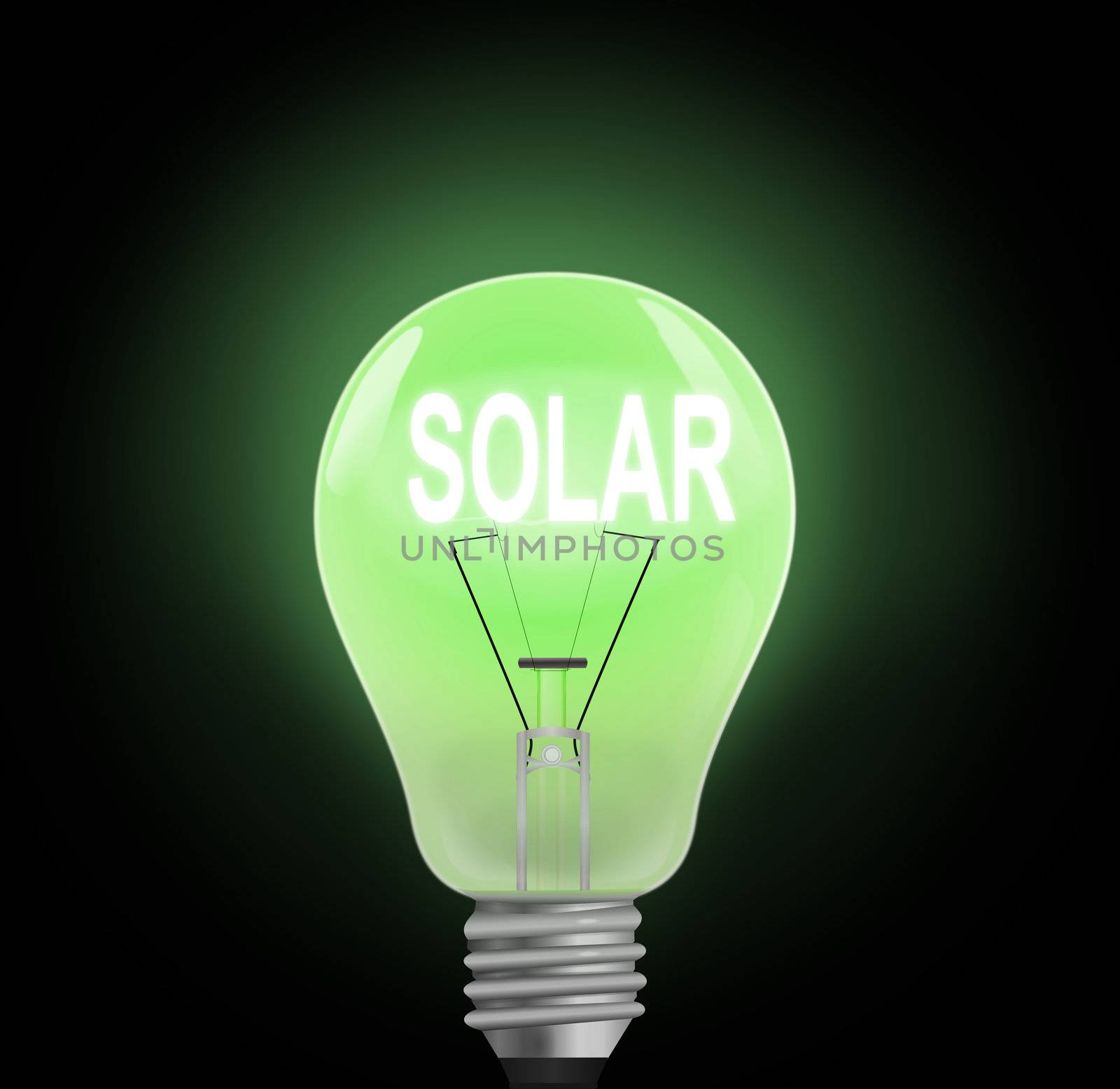 Illustration depicting a single illuminated green light bulb with fillament spelling the word 'solar'. Dark background.