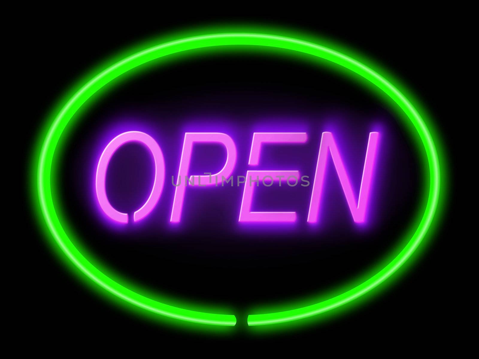 Illustration depicting an illuminated green and violet 'open' sign with black background,