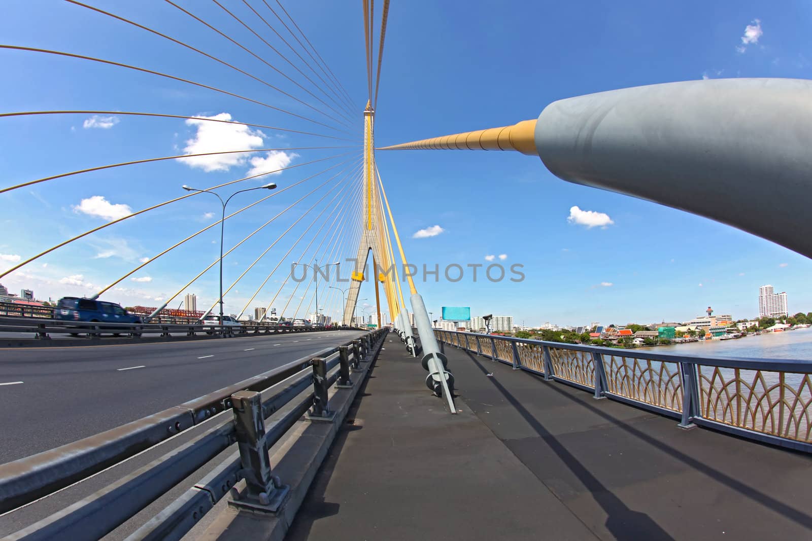 Mega sling Bridge,Rama 8, near Harborin Bangkok, fish eye perspective