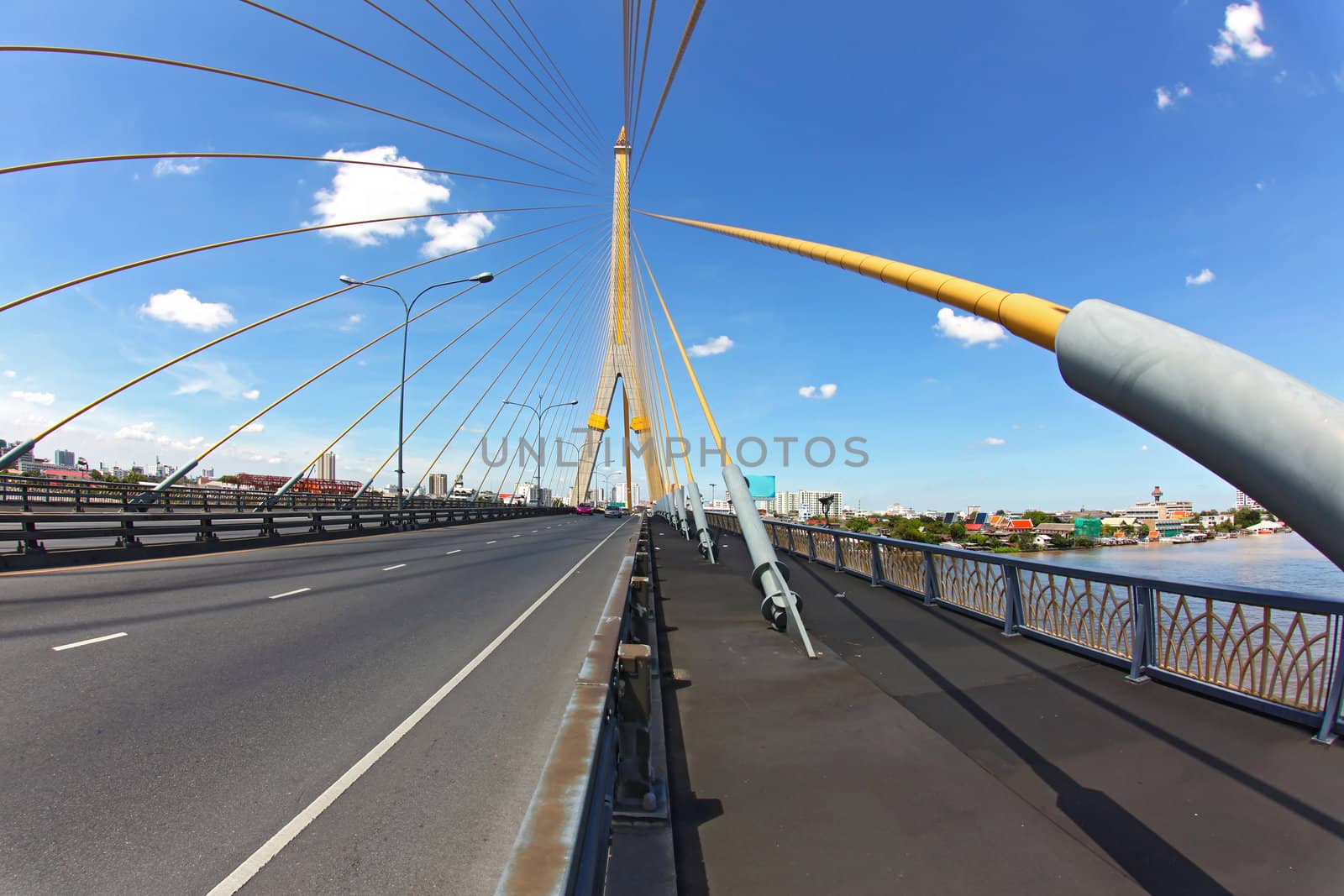 Mega sling Bridge,Rama 8, near Harbor with beautiful sunny in Bangkok