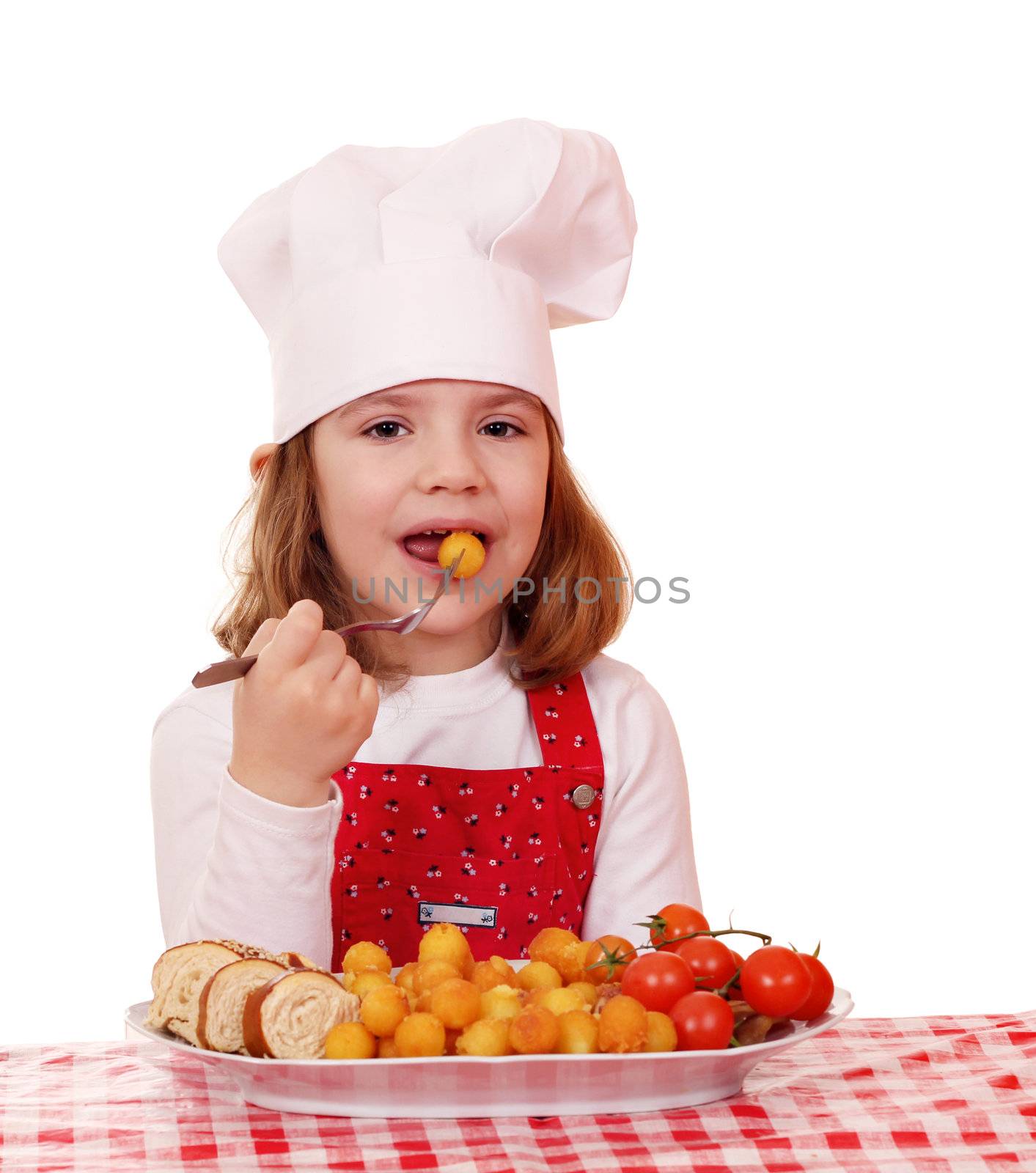 hungry little girl cook eat gourmet food by goce