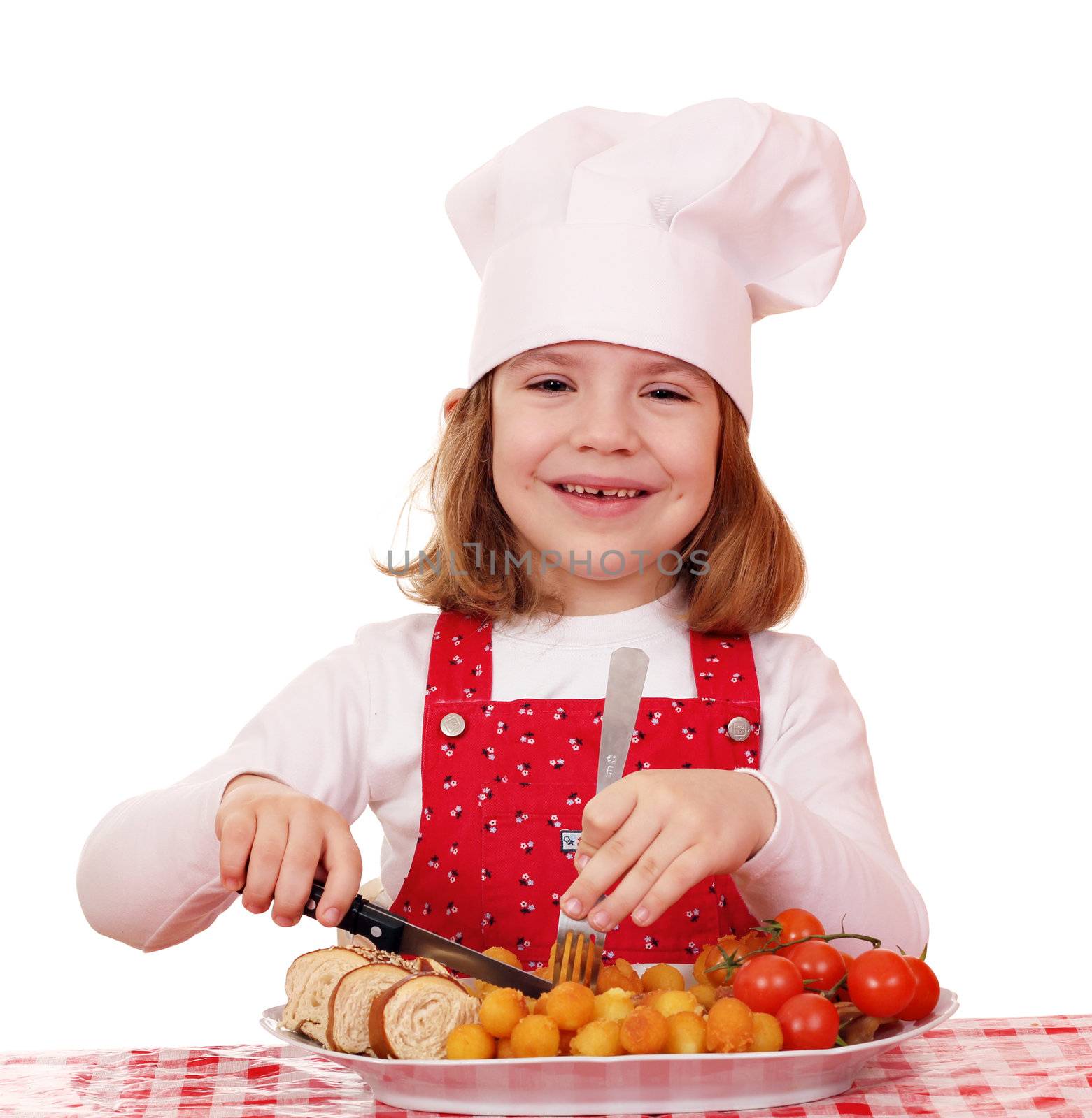 happy little girl cook with gourmet food by goce