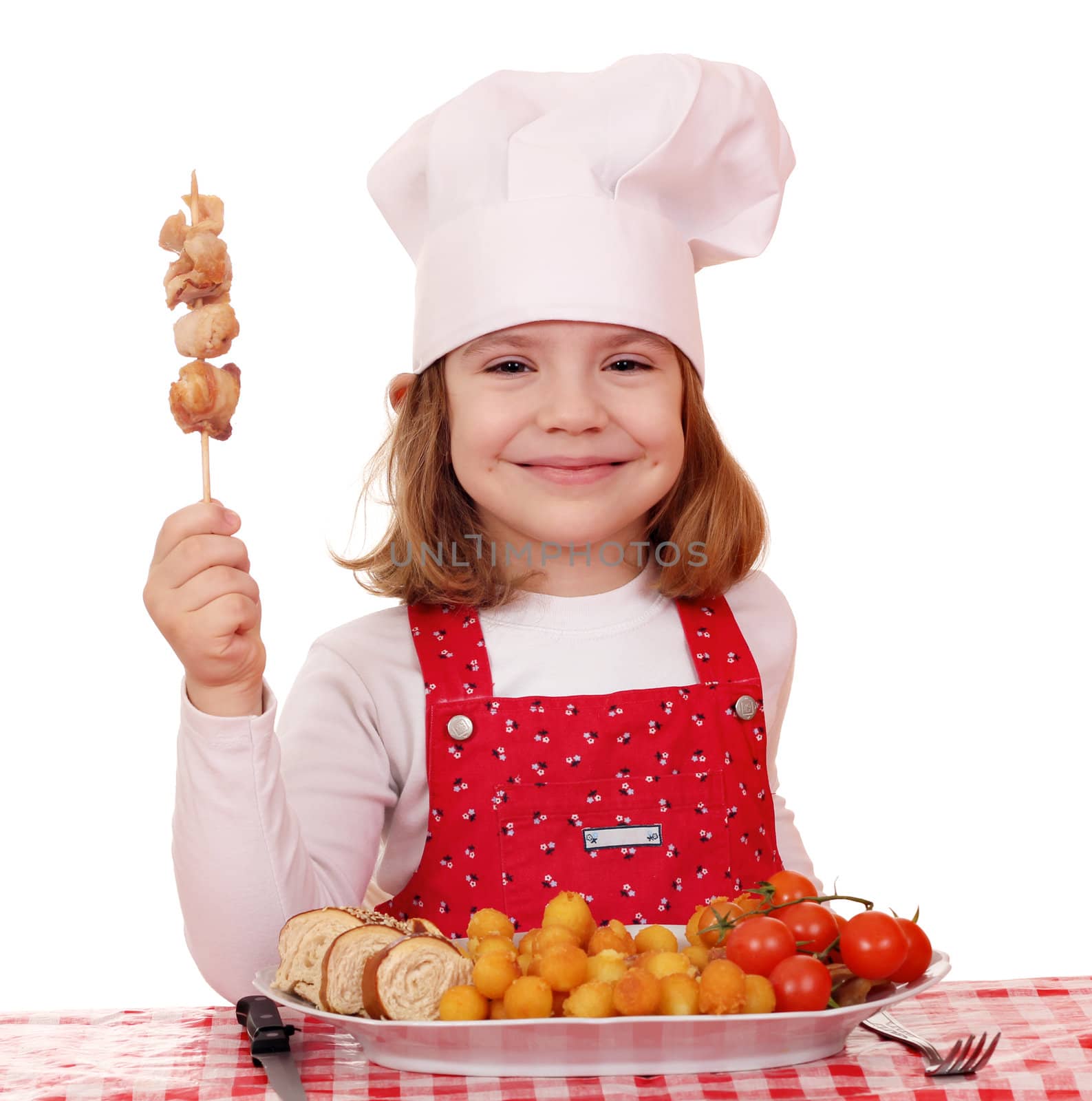 happy little girl cook with grilled chicken meat