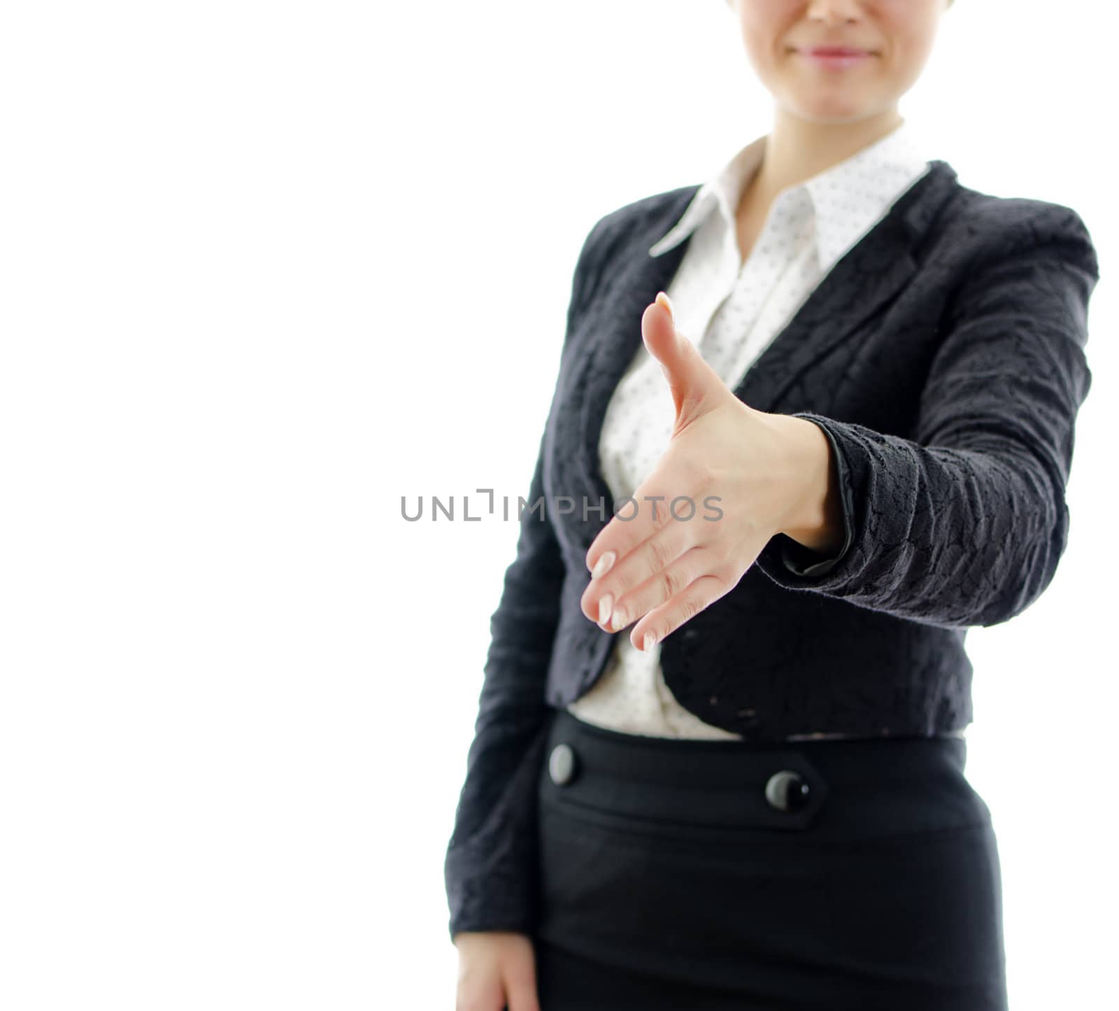 Business woman handshake isolated on white