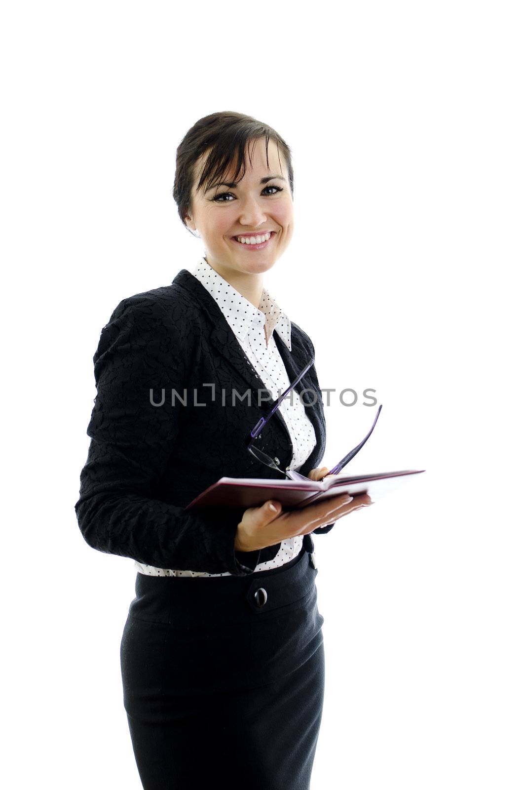 business woman with glasses and notepad isolated on white