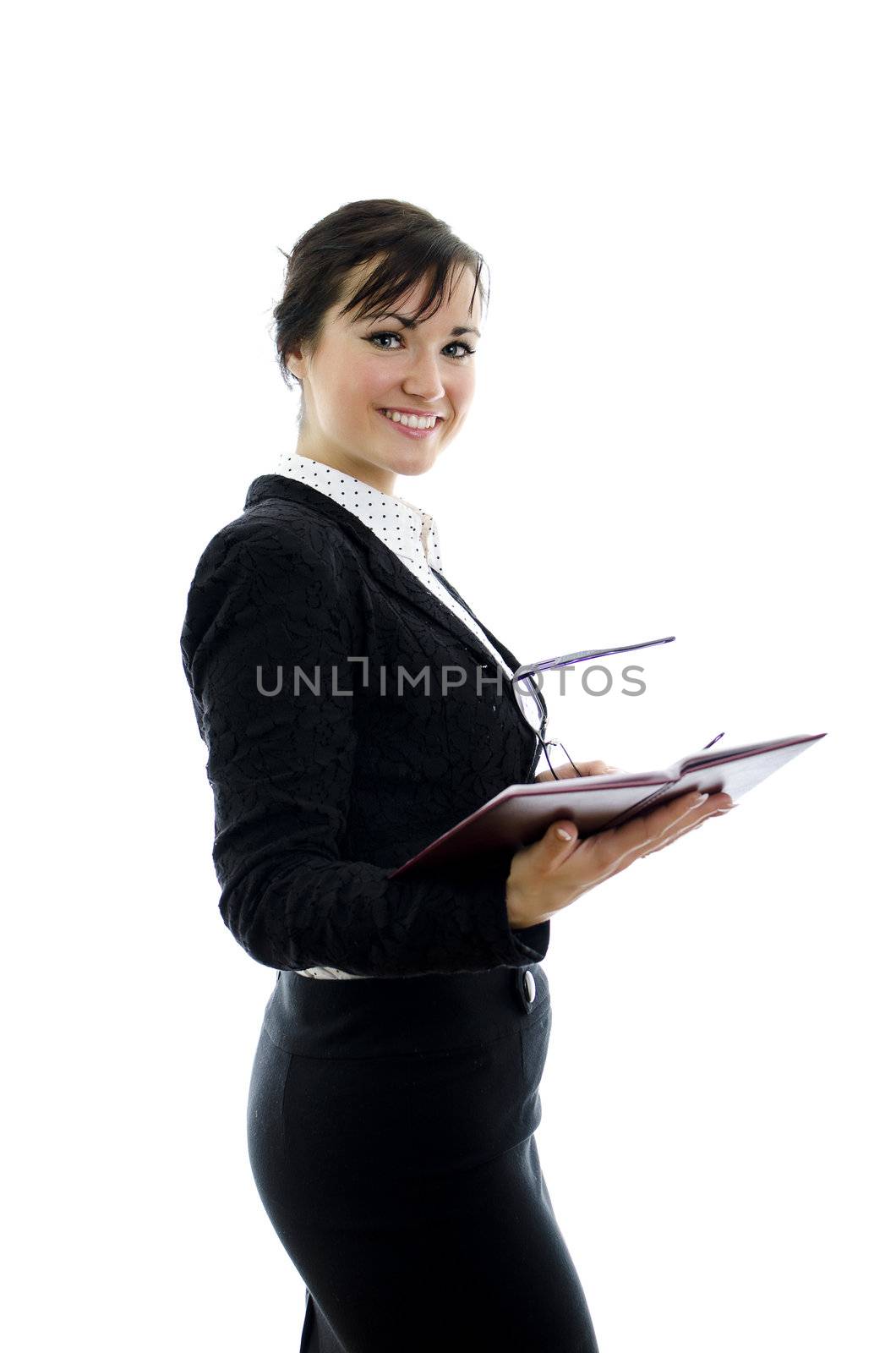 business woman with glasses and notepad isolated on white