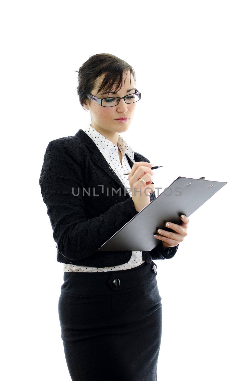 business woman in glasses and notepad isolated on white