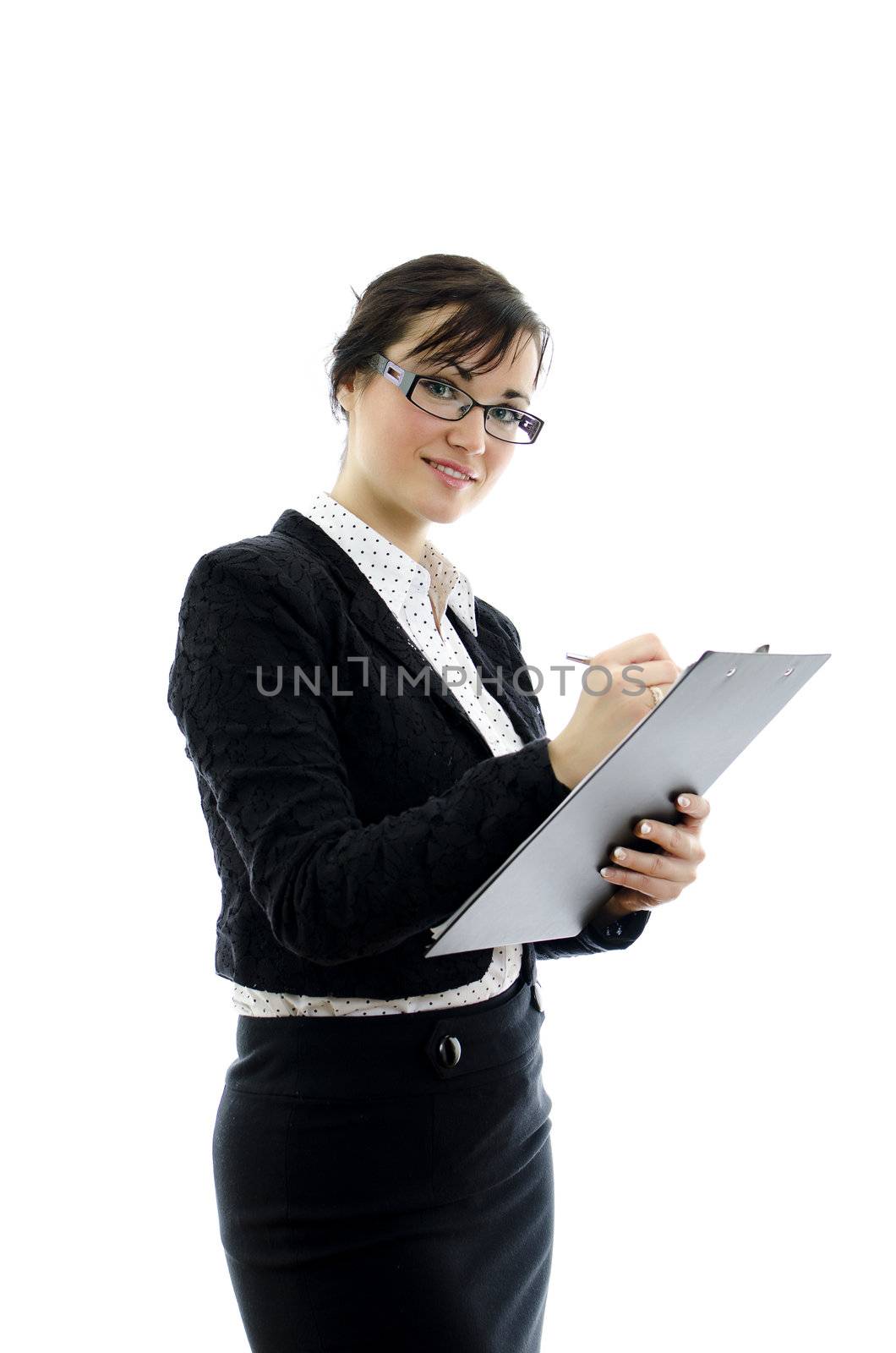 business woman in glasses and notepad isolated on white
