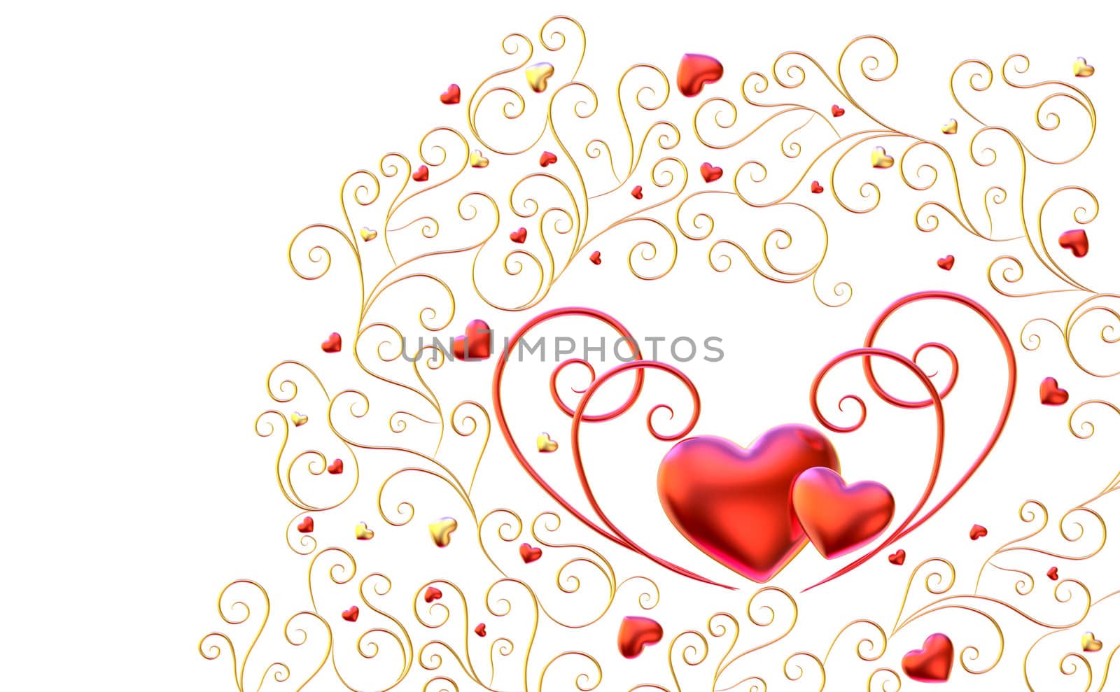 Beautiful golden curls branches with expensive ruby red hearts as decorative jewelry
